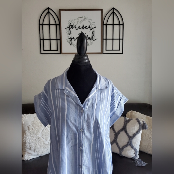Evy's Tree The Harper Blue Striped Shirt Dress Women's Size L Boho Chic NWT - Picture 3 of 12